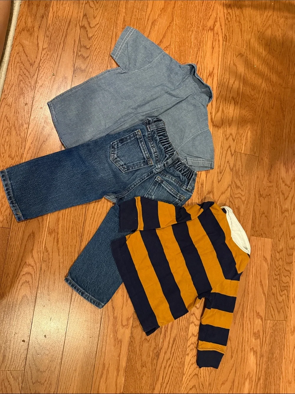 Old Navy Boys Blue Denim Shirt & Navy/Gold Striped Hoodie Set